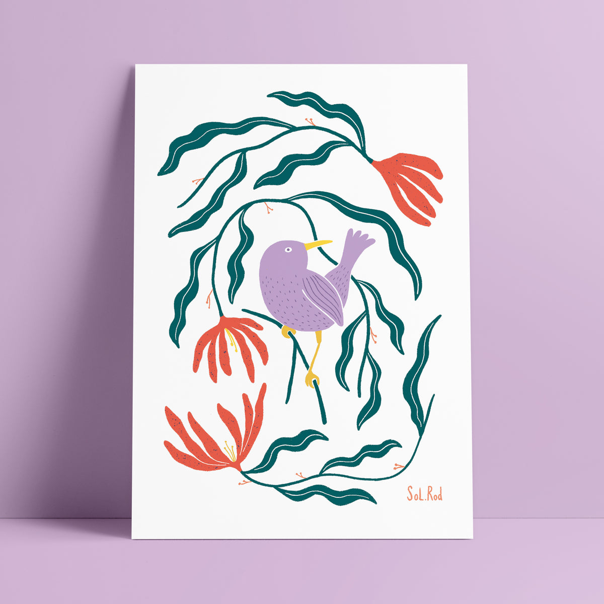 Print 06 "Ave lila flores rojas"